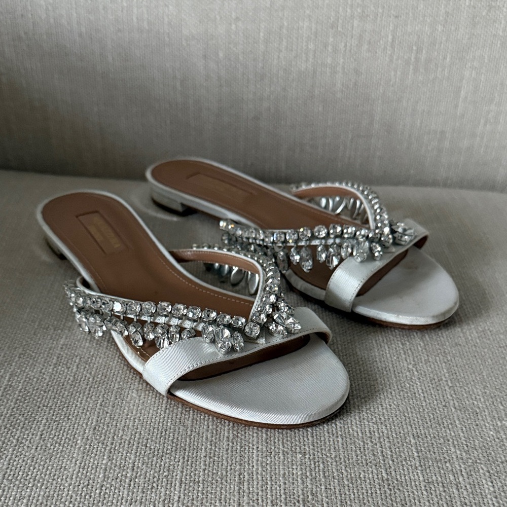 Aquazzura White Sandals with Crystal Accents